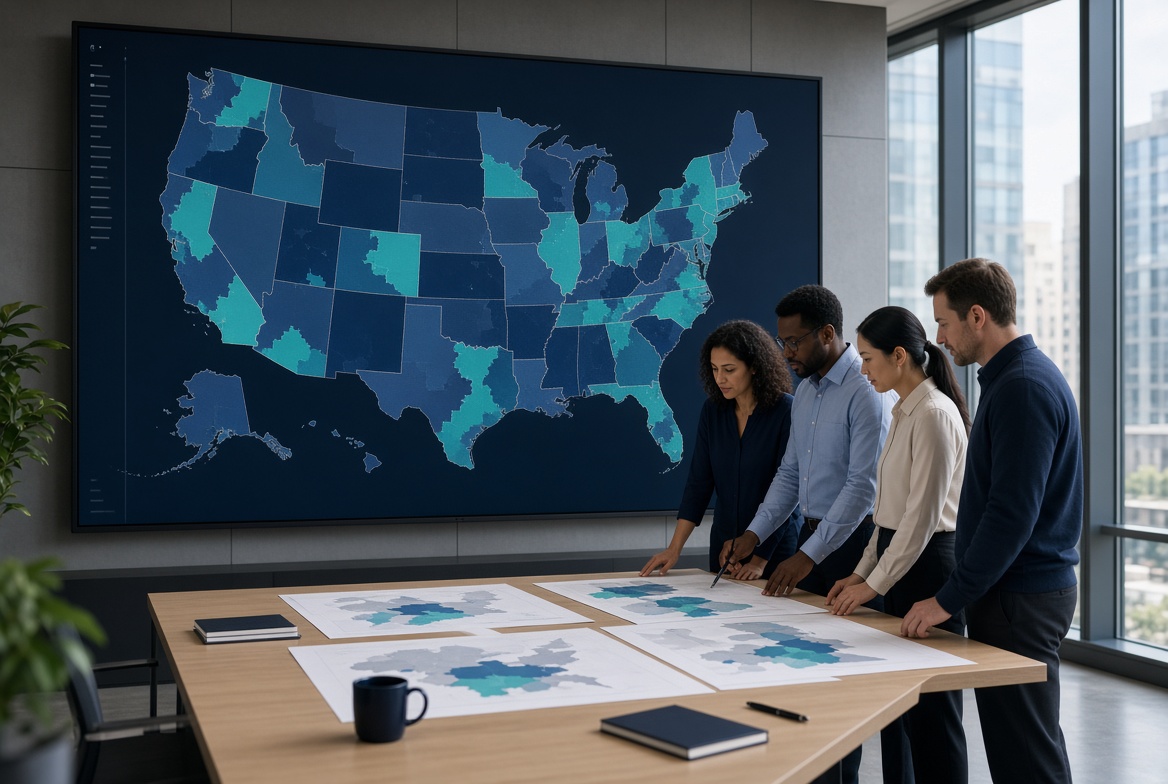 Commercial operations team reviewing a US territory map
